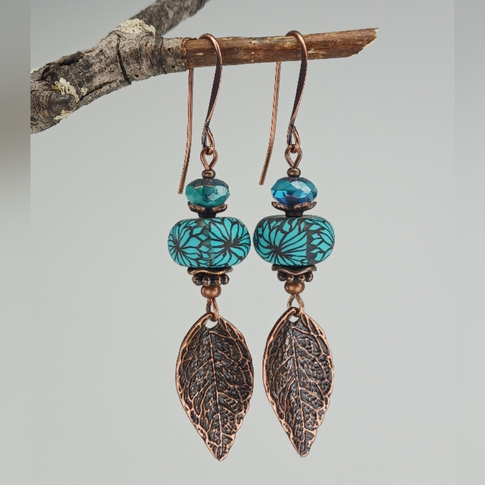 Copper Leaf Earrings Turquoise Czech Glass Botanical Jewelry Hand Crafted - Picture 2 of 5
